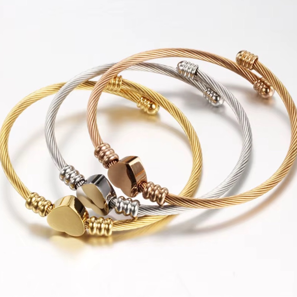 Elegant Set Gold Pink and Silver Heart Bracelets.